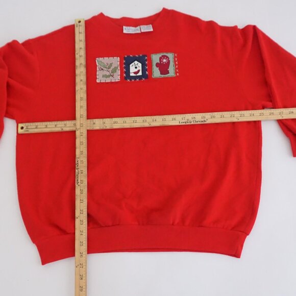 Vintage Basic Editions Red Holly Birdhouse Mitten Patchwork Holiday Sweatshirt X - Picture 2 of 10